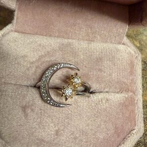 Gold and Silver Crescent Moon and Star Ring